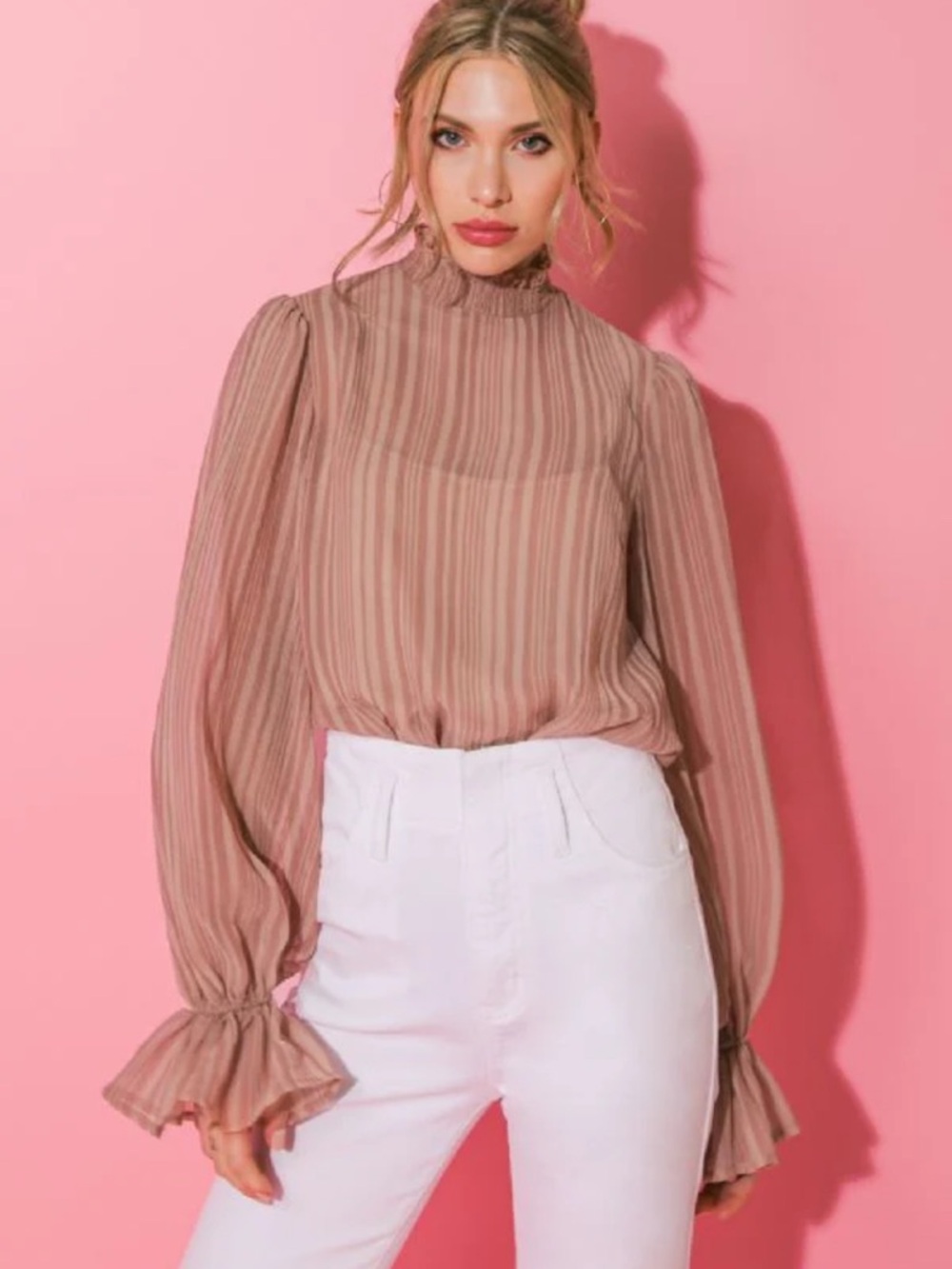 Flying Tomato Mauve Striped Ruffle-Neck Long Sleeve Blouse